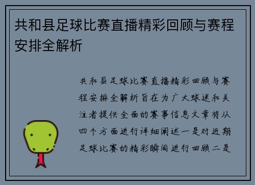 共和县足球比赛直播精彩回顾与赛程安排全解析